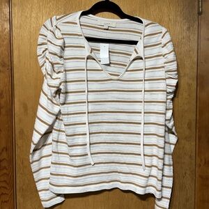 LOFT White and‎ Brown Puff Sleeve Blouse with Tie Front